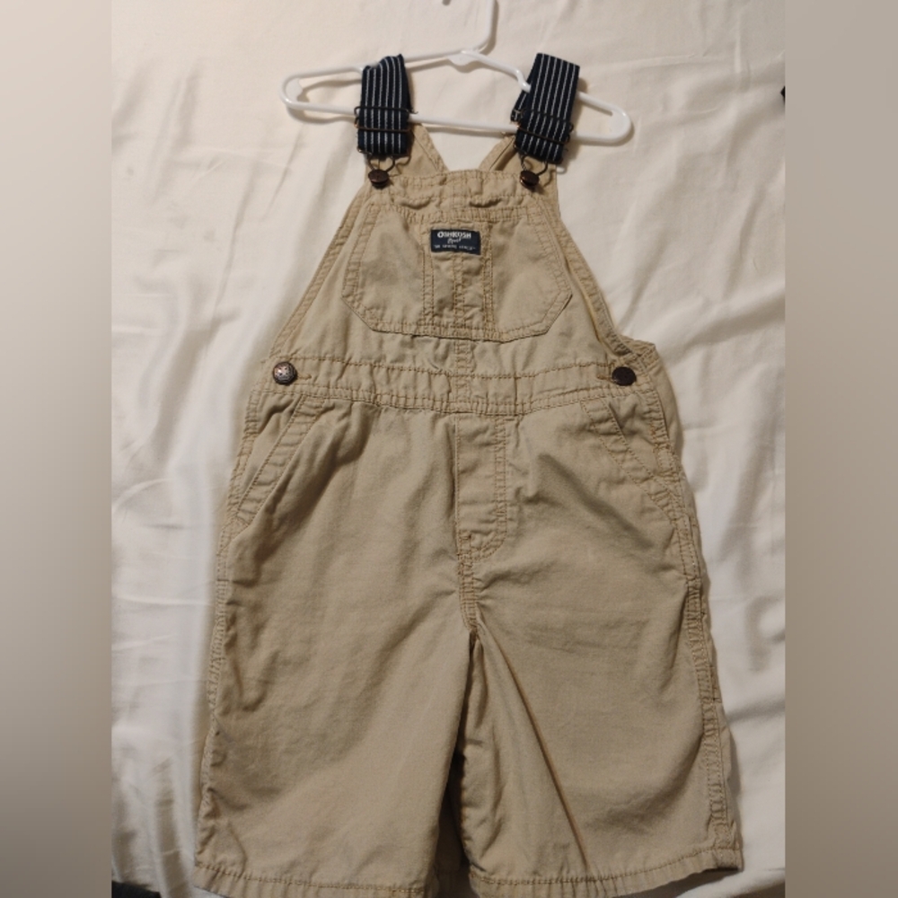 Oshkosh B'gosh Khaki Shorts Overalls Blue Suspenders Adjustable Straps 5T